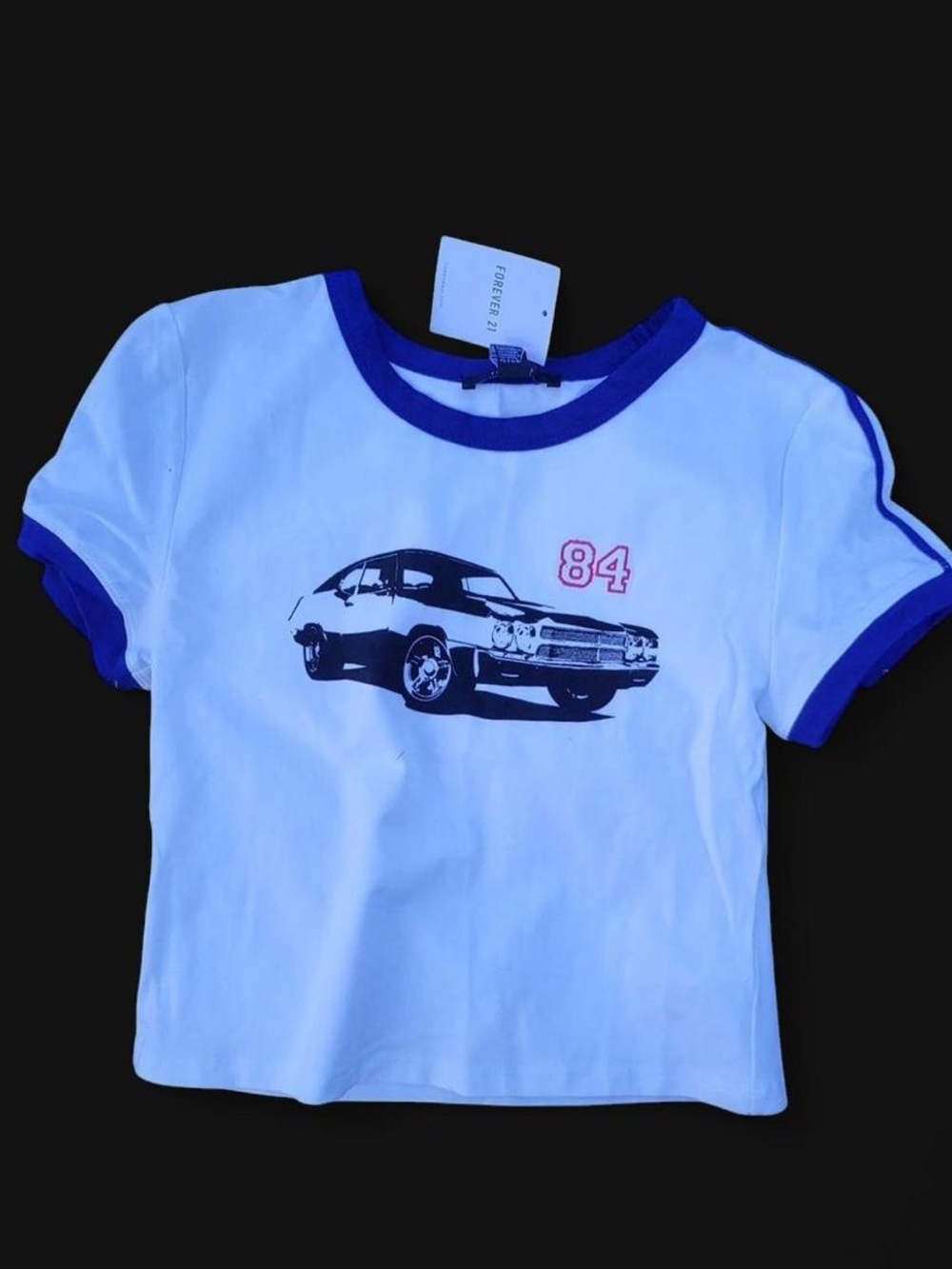 White Crop Ringer Tee with Blue Trim and Car Graphic